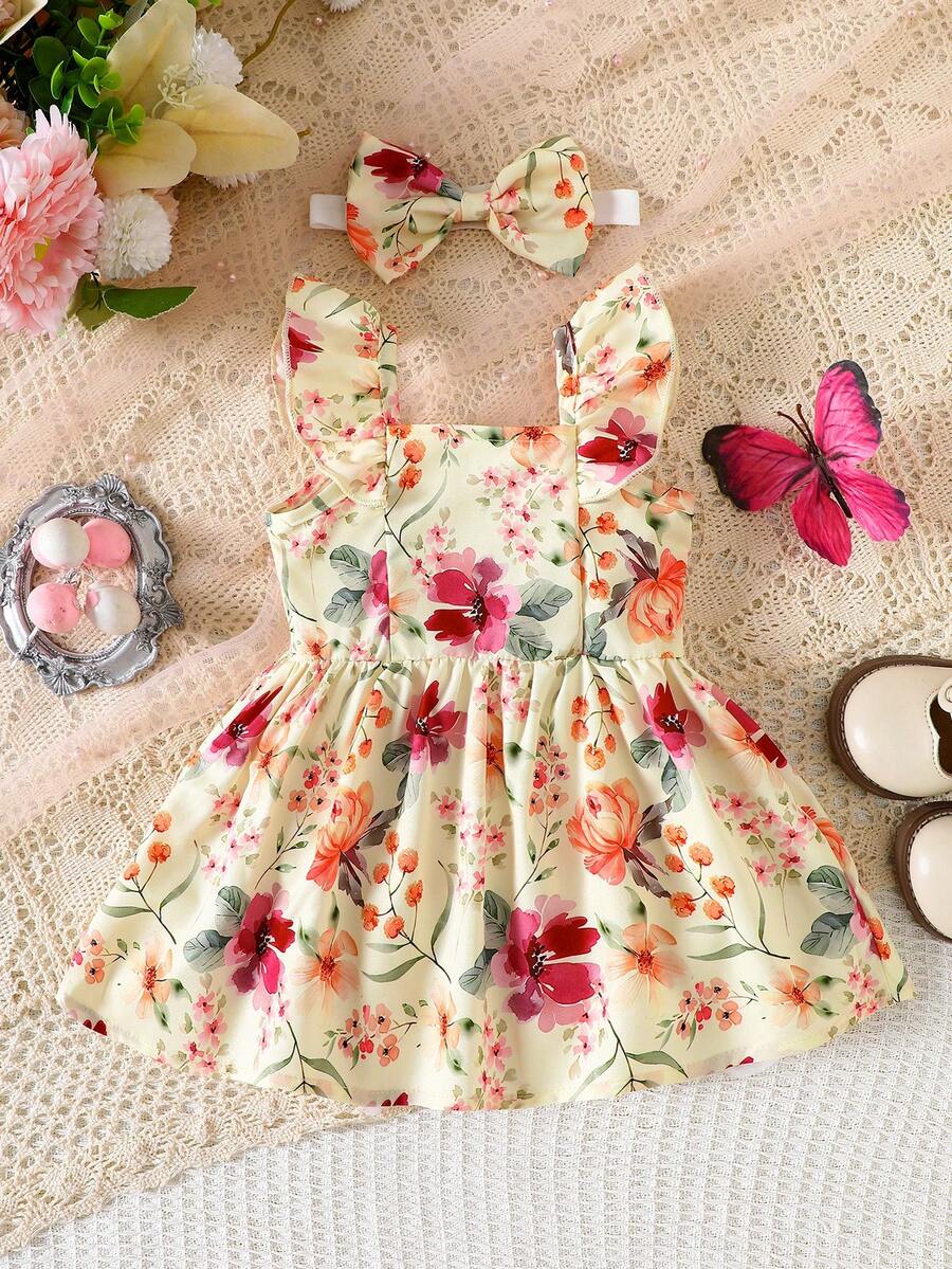2PCS Baby Watercolor Floral Dress and Hairband Set for Cute Summer Outings