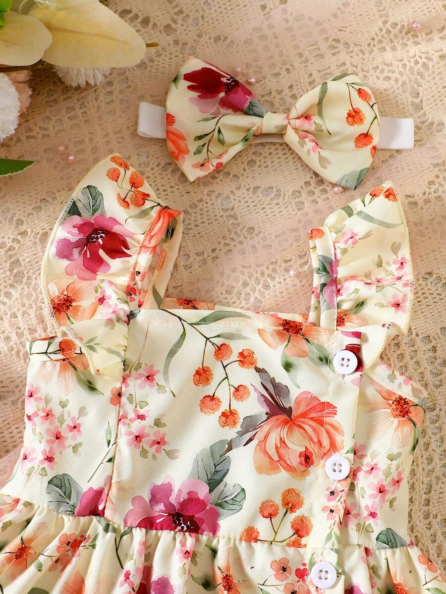 2PCS Baby Watercolor Floral Dress and Hairband Set for Cute Summer Outings