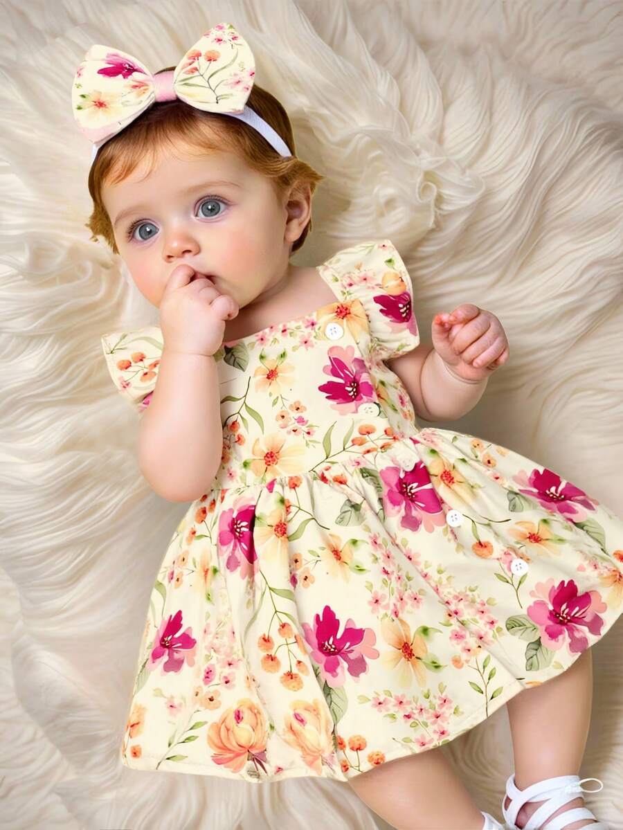 2PCS Baby Watercolor Floral Dress and Hairband Set for Cute Summer Outings