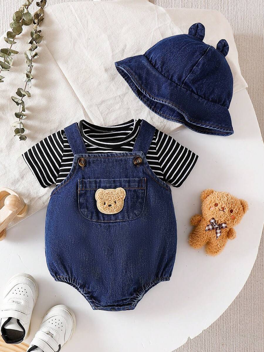 2PCS Baby Boy Striped T Shirt and Bear Suspender Shorts Set for Cute Summer Daily Wear