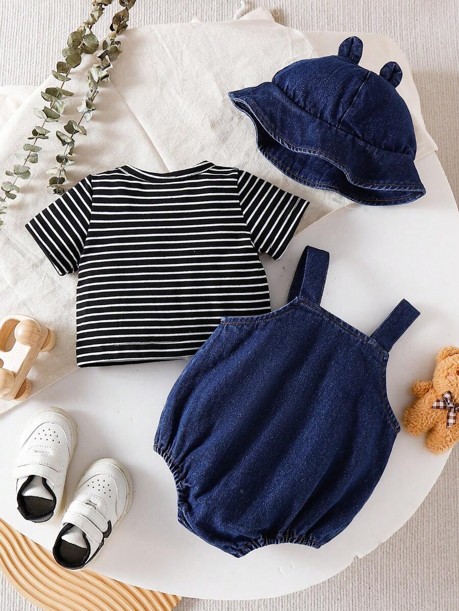 2PCS Baby Boy Striped T Shirt and Bear Suspender Shorts Set for Cute Summer Daily Wear