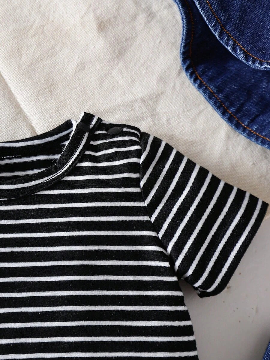 2PCS Baby Boy Striped T Shirt and Bear Suspender Shorts Set for Cute Summer Daily Wear