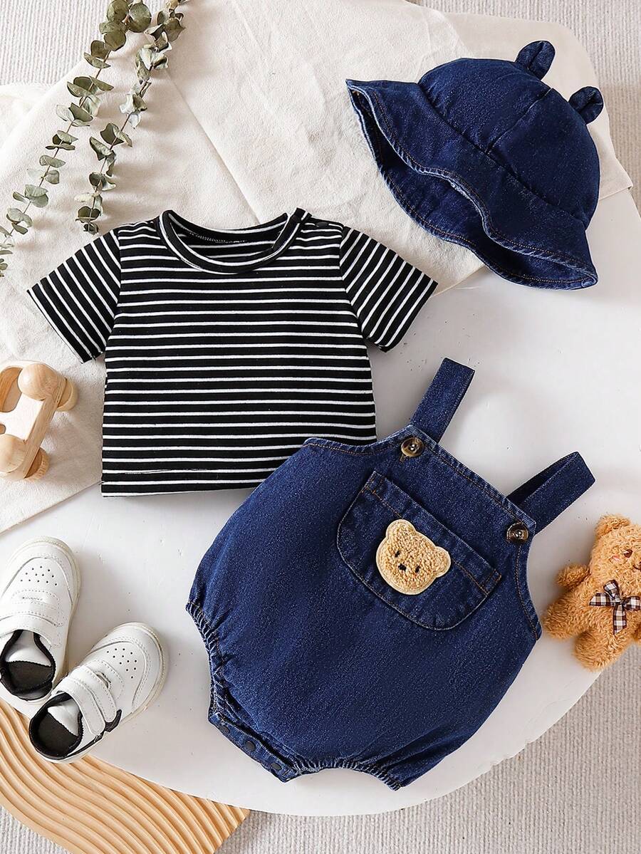 2PCS Baby Boy Striped T Shirt and Bear Suspender Shorts Set for Cute Summer Daily Wear