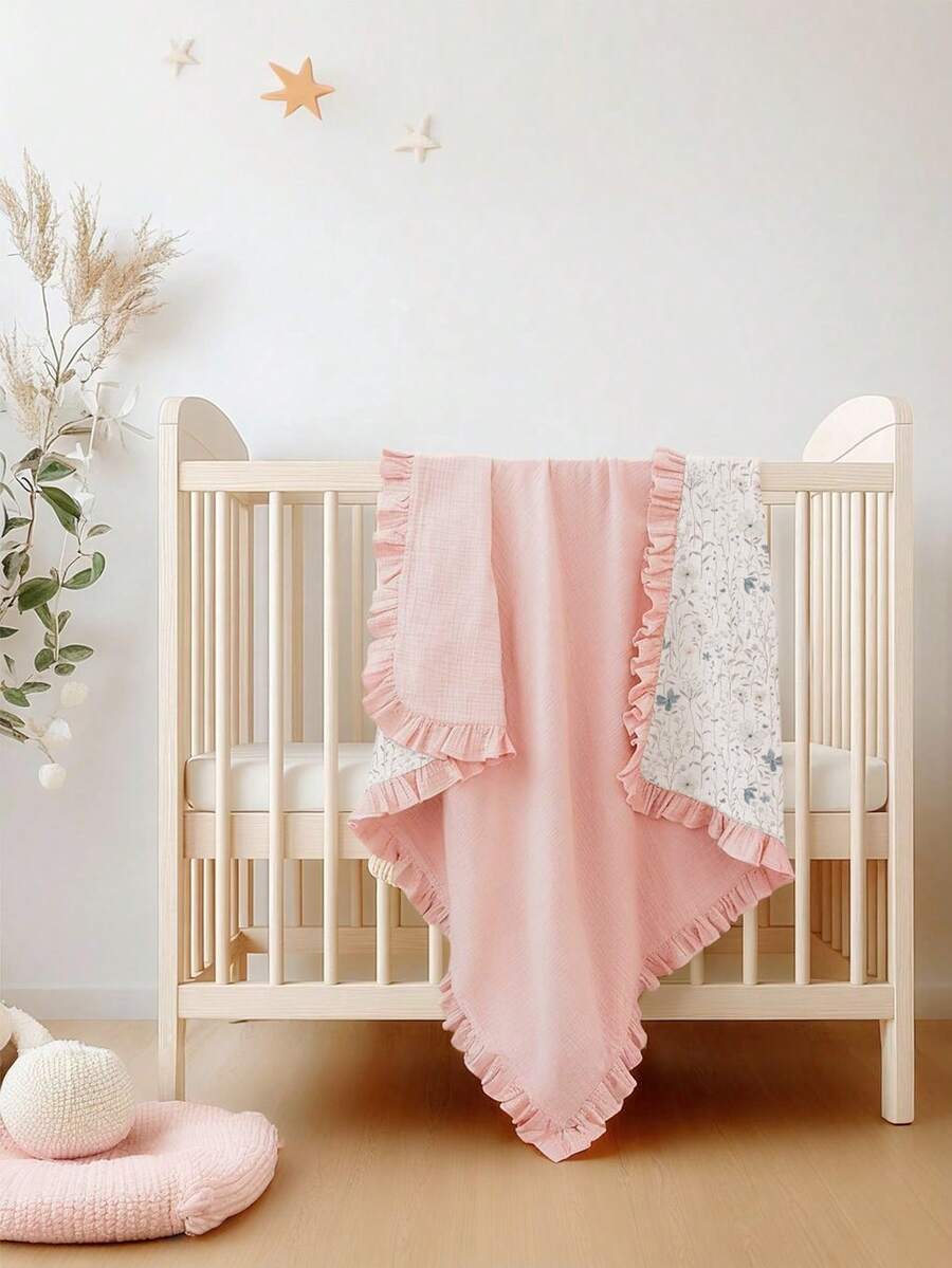Floral Baby Cotton Blanket Soft Ruffle Edge Receiving Blanket for Newborns and Infants