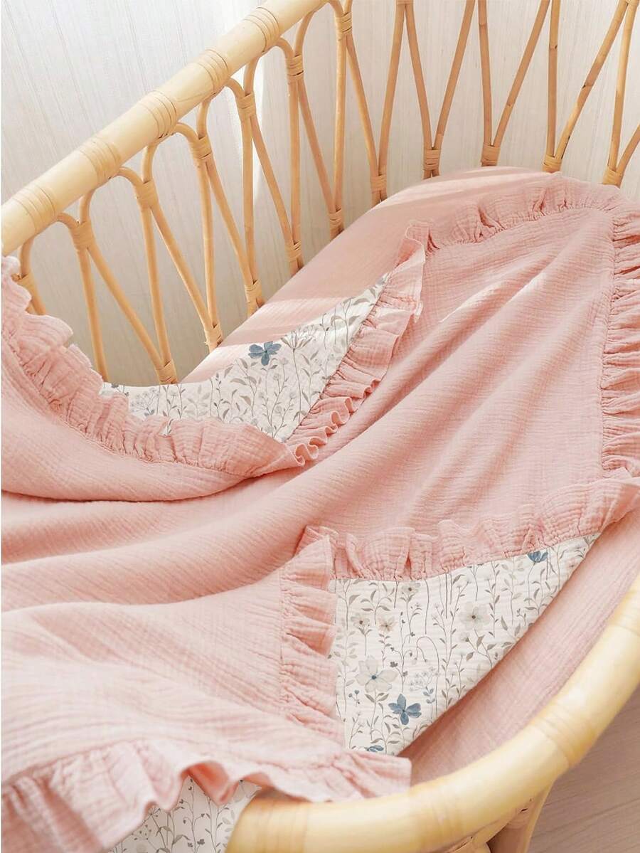 Floral Baby Cotton Blanket Soft Ruffle Edge Receiving Blanket for Newborns and Infants
