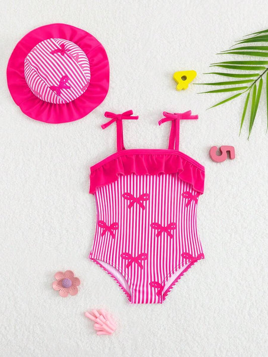 Baby Bow Print Two-Piece Swimsuit Set with Adjustable Straps and Matching Hat