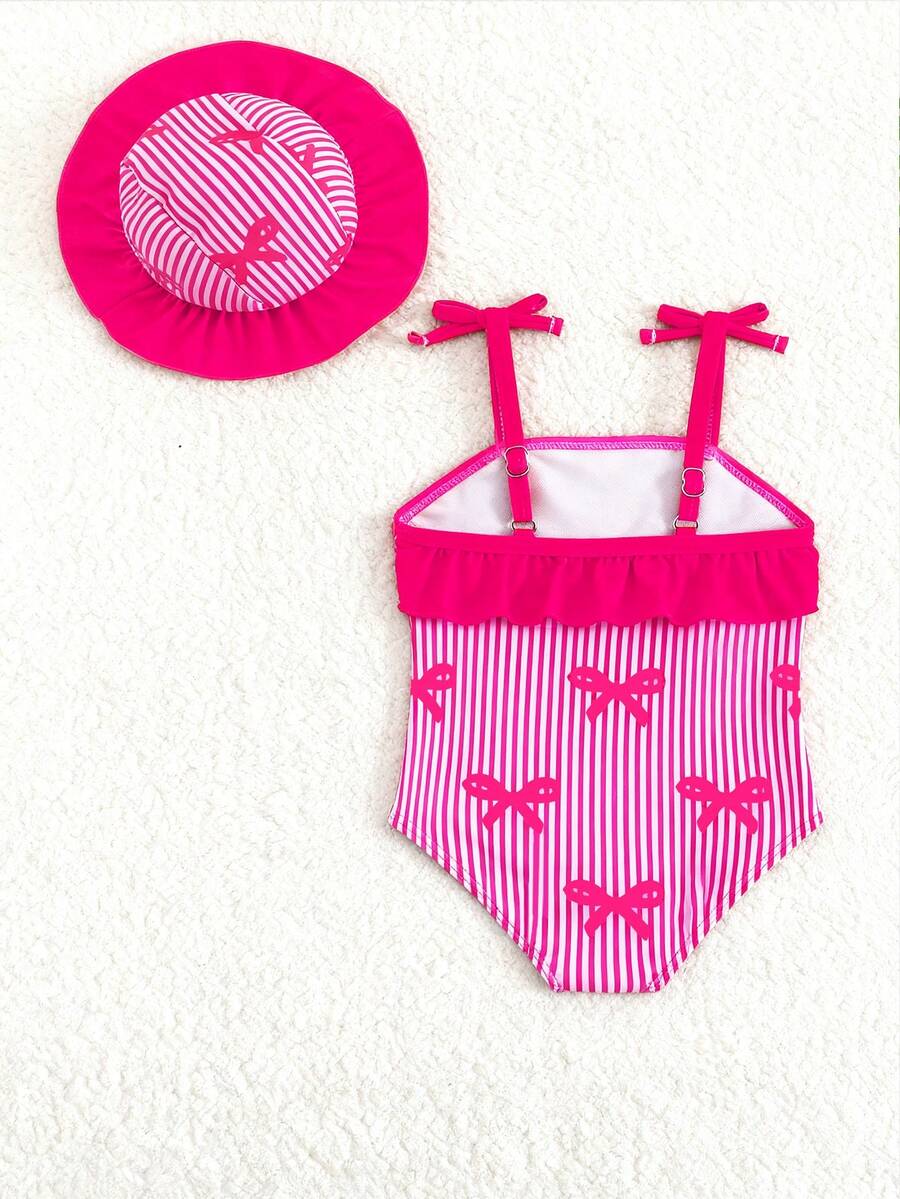 Baby Bow Print Two-Piece Swimsuit Set with Adjustable Straps and Matching Hat