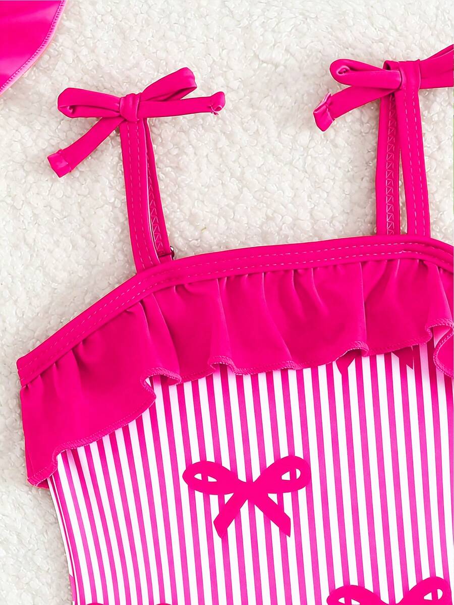 Baby Bow Print Two-Piece Swimsuit Set with Adjustable Straps and Matching Hat
