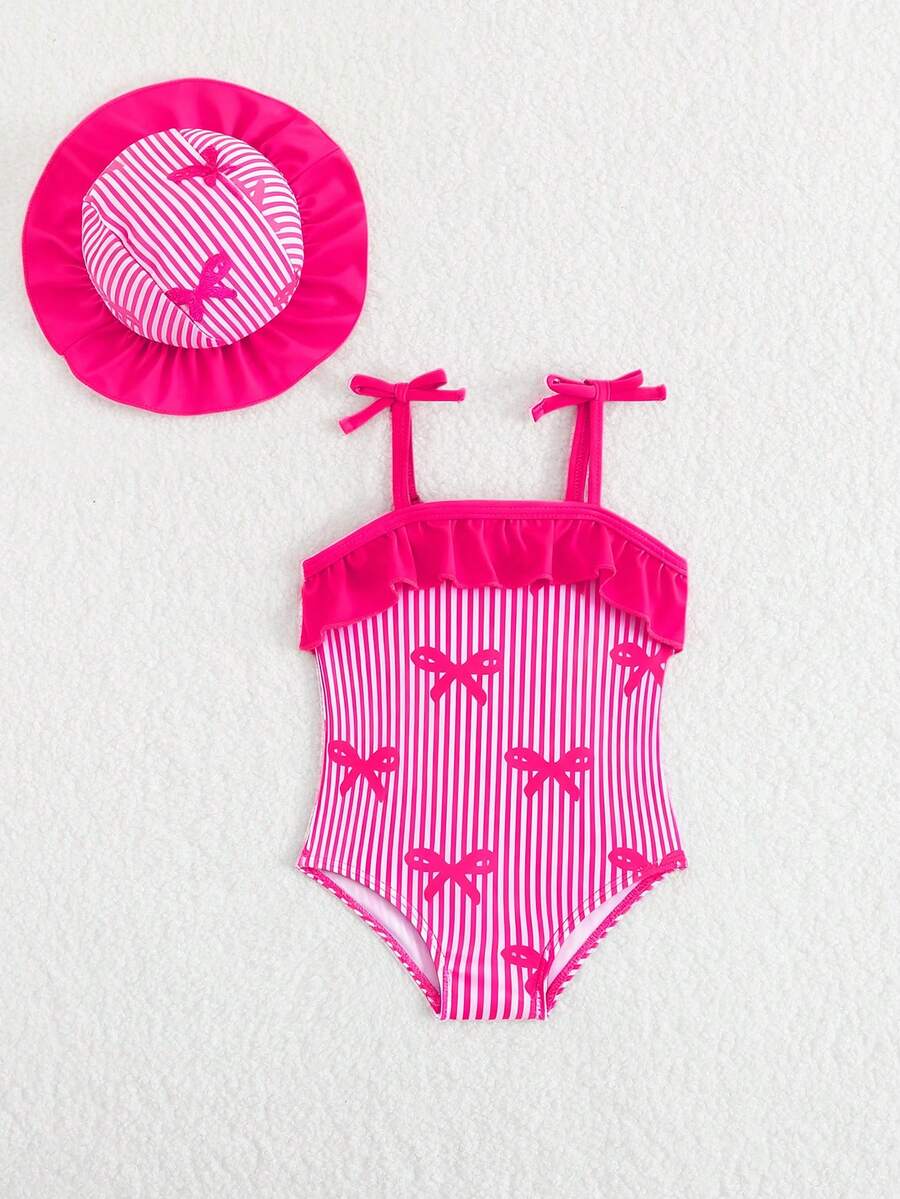 Baby Bow Print Two-Piece Swimsuit Set with Adjustable Straps and Matching Hat