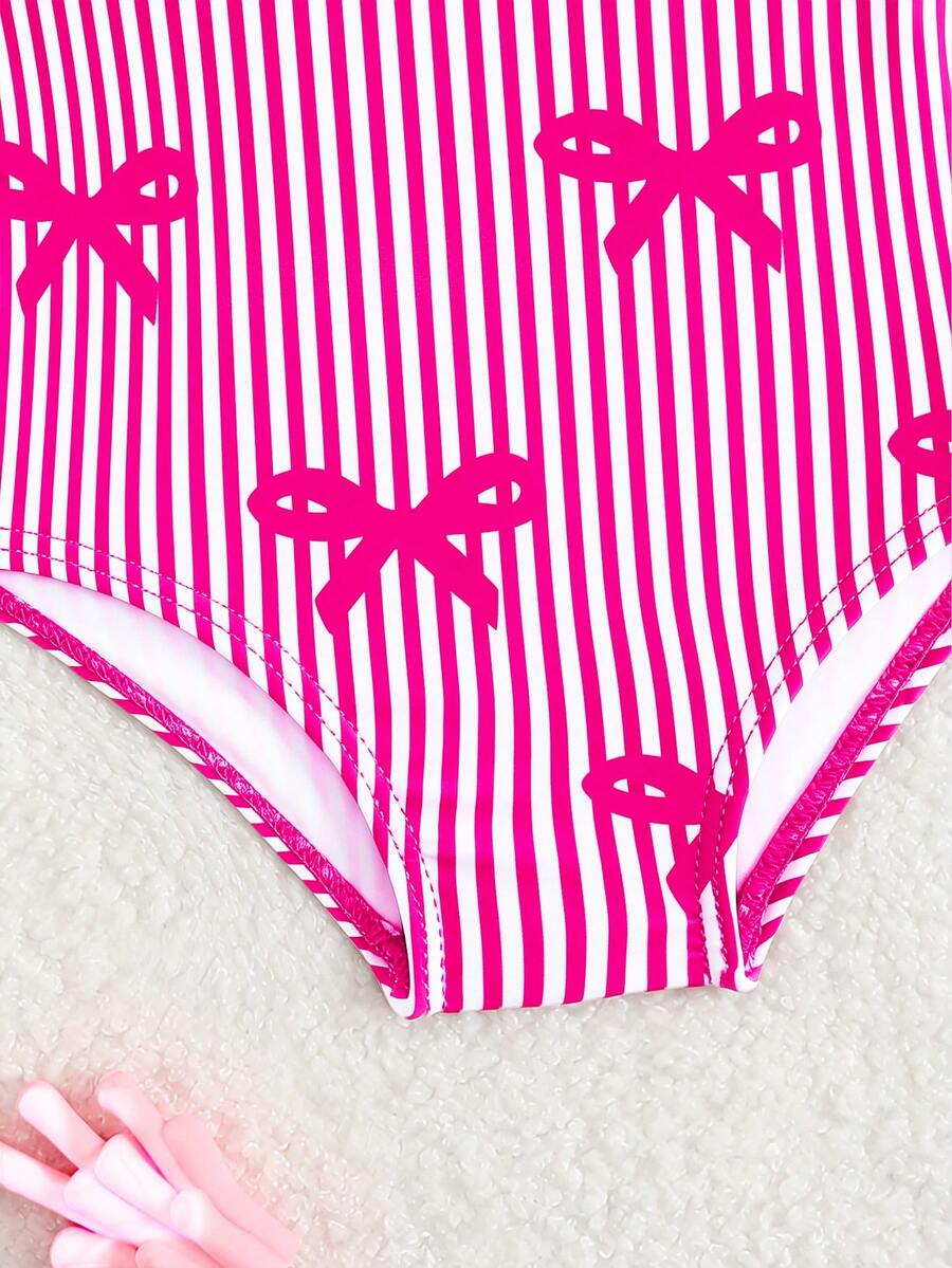 Baby Bow Print Two-Piece Swimsuit Set with Adjustable Straps and Matching Hat