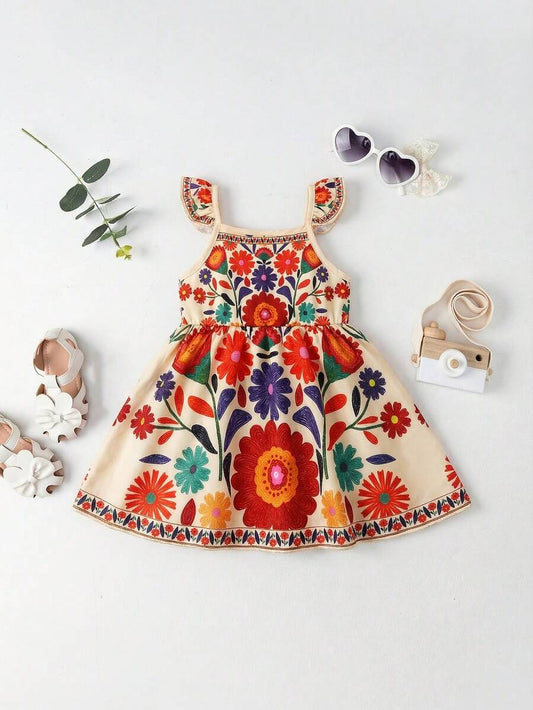 Baby Girl Retro Vintage Floral Dress - Sleeveless Elastic Waist Casual Sundress