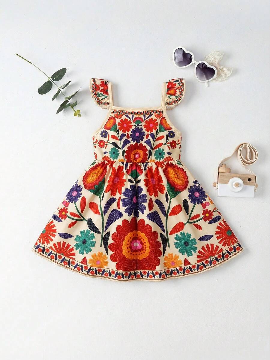 Baby Girl Retro Vintage Floral Dress - Sleeveless Elastic Waist Casual Sundress