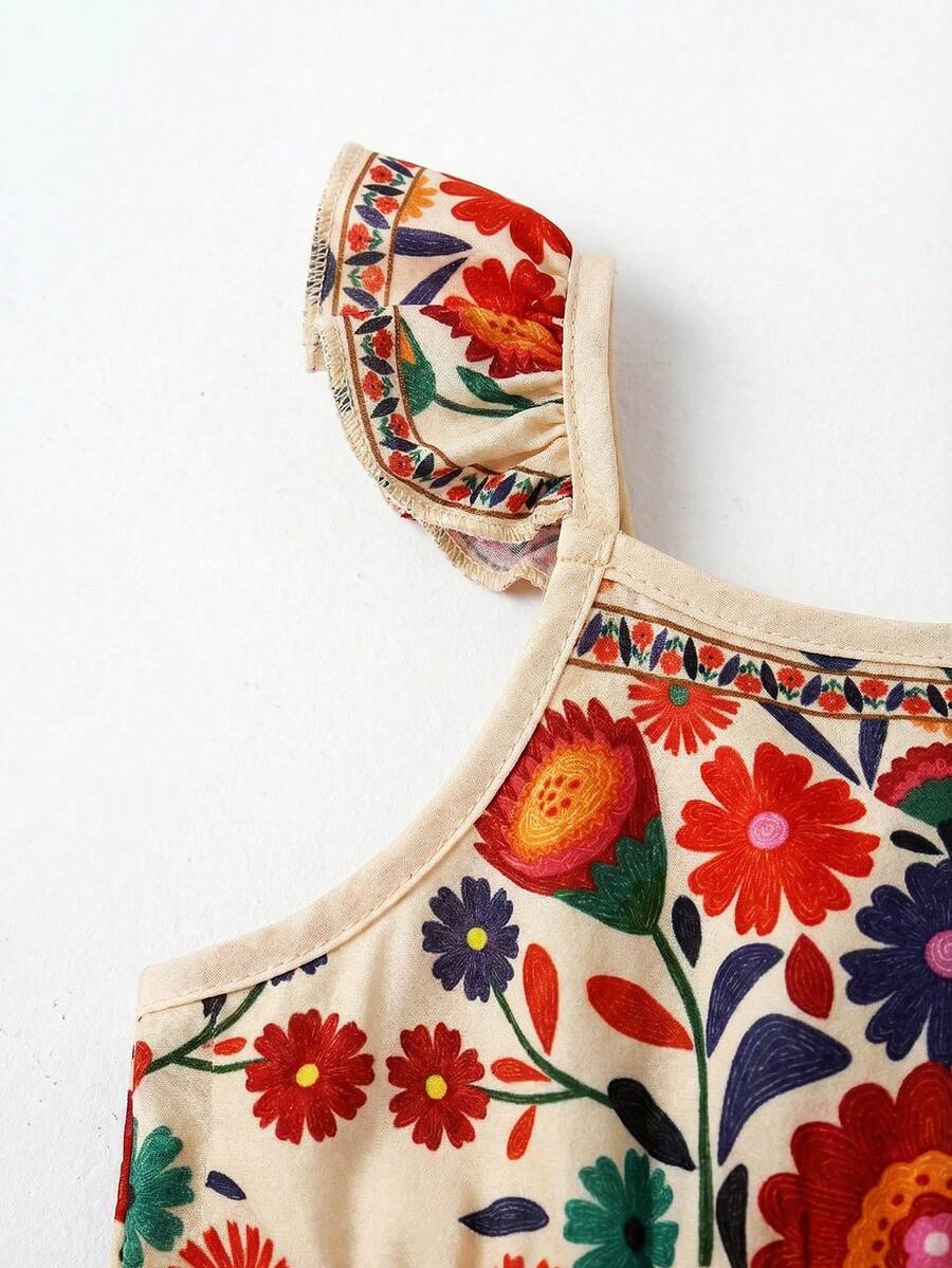 Baby Girl Retro Vintage Floral Dress - Sleeveless Elastic Waist Casual Sundress