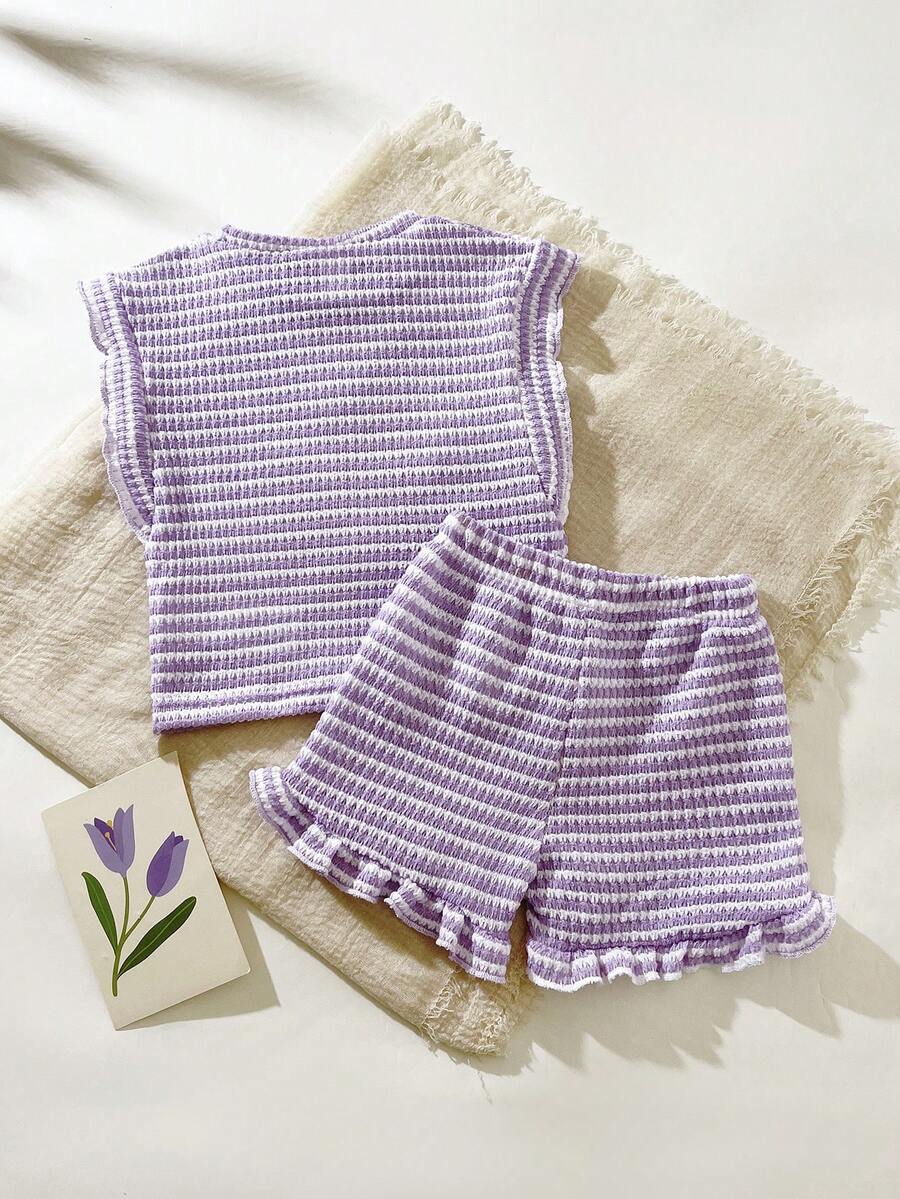 Baby Girl Black & White Striped Ruffle Sleeve T-Shirt & Shorts Set