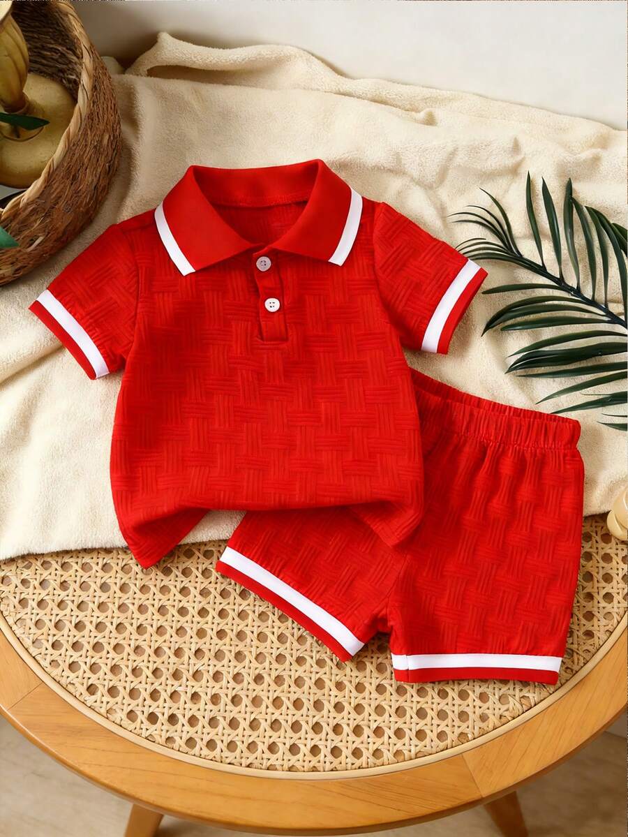 Stylish Baby Boy Solid Color Jacquard Top and Matching Shorts Summer Set