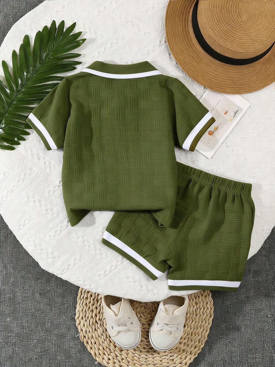 Stylish Baby Boy Solid Color Jacquard Top and Matching Shorts Summer Set