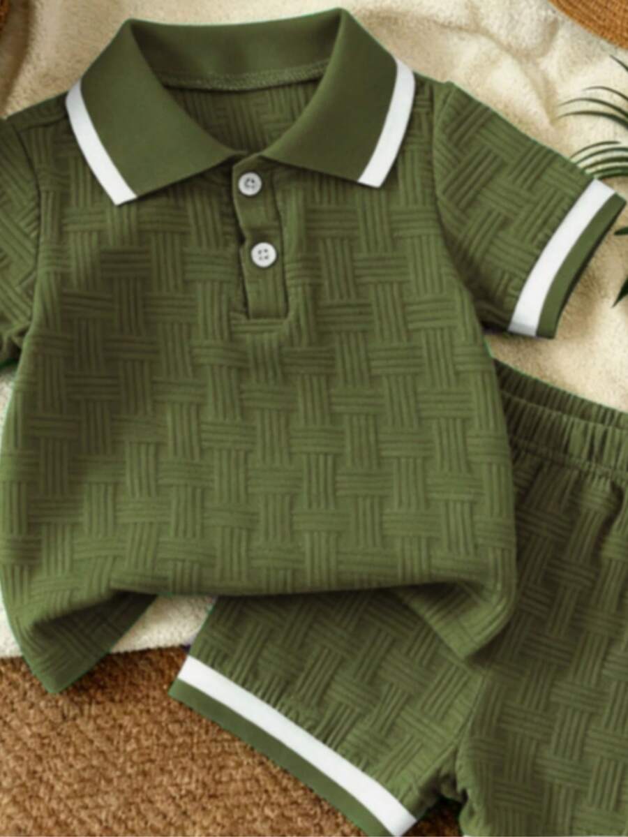 Stylish Baby Boy Solid Color Jacquard Top and Matching Shorts Summer Set