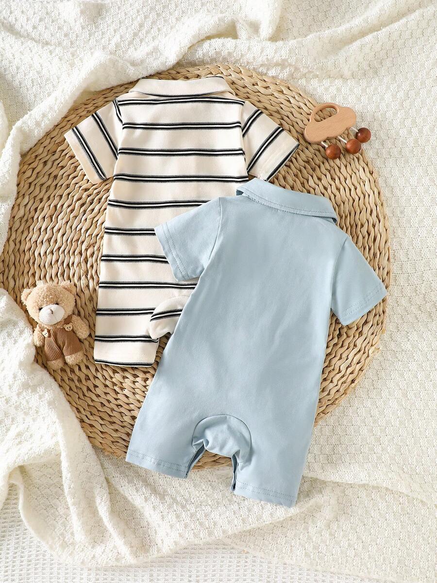 2PCS Baby Color Block Stripe Collared Romper and Shorts Set for Casual Daily Wear