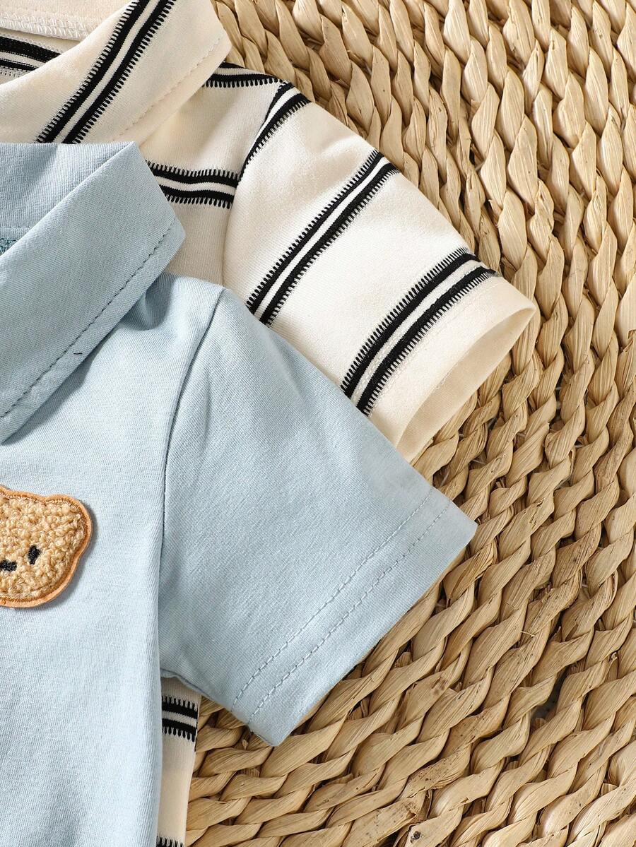 2PCS Baby Color Block Stripe Collared Romper and Shorts Set for Casual Daily Wear