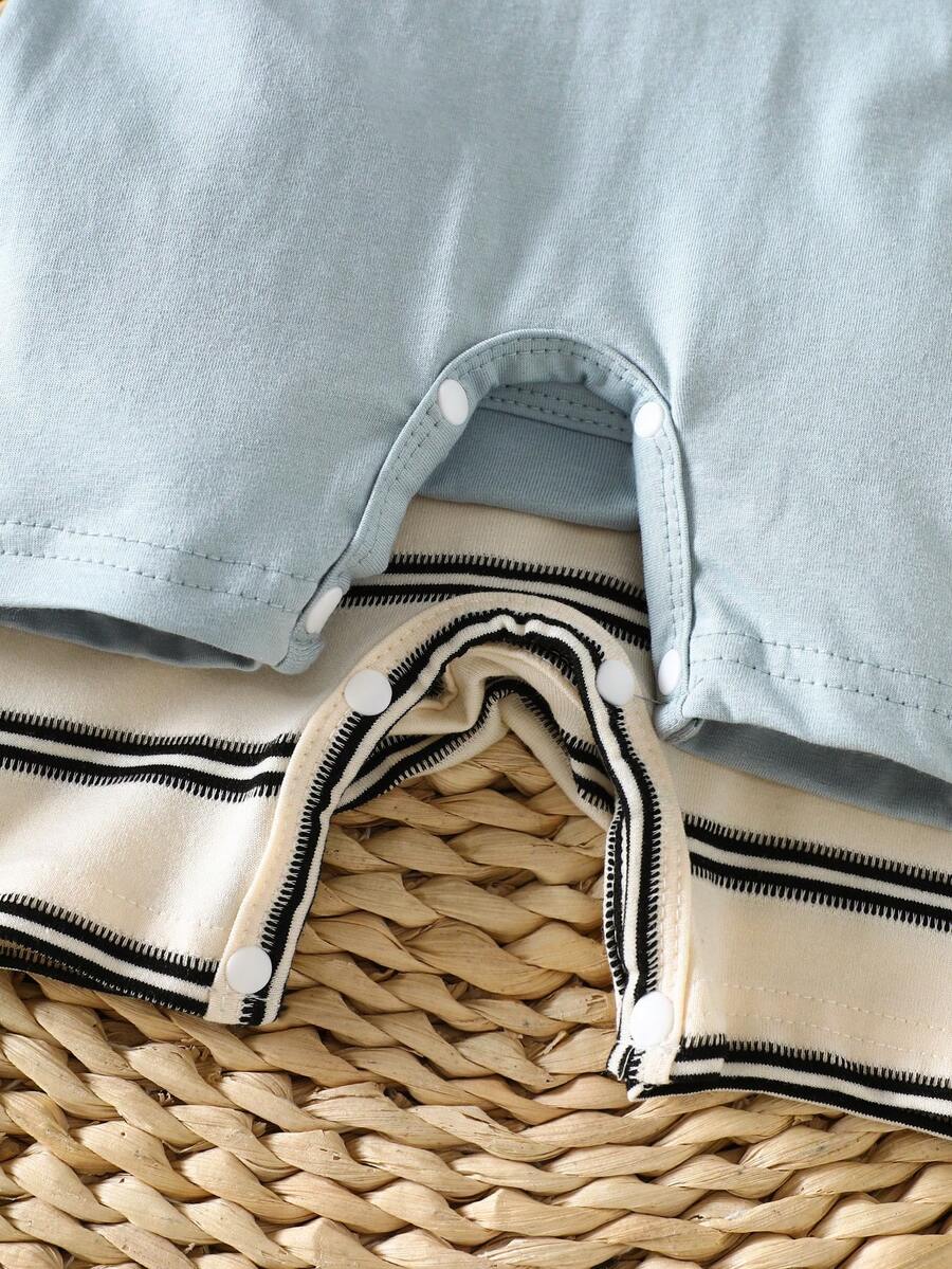 2PCS Baby Color Block Stripe Collared Romper and Shorts Set for Casual Daily Wear