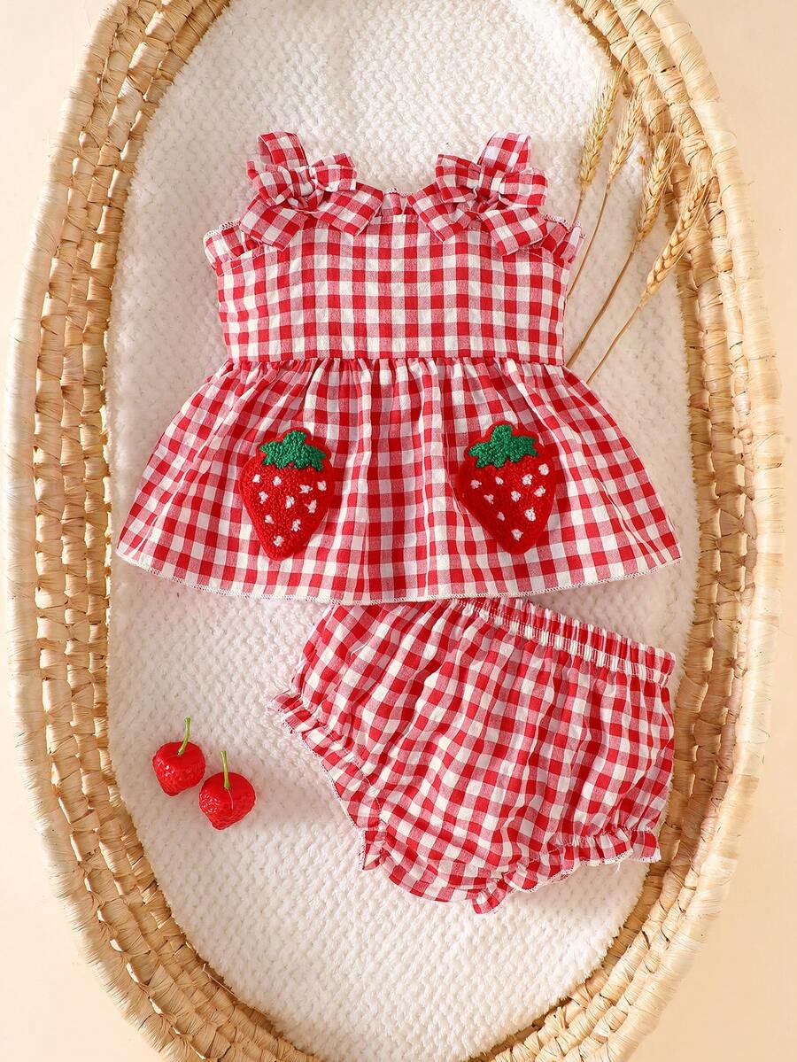 2PCS Baby Strawberry Embroidered Strap Top and Shorts Set for Cute Summer Vacations and Photoshoots
