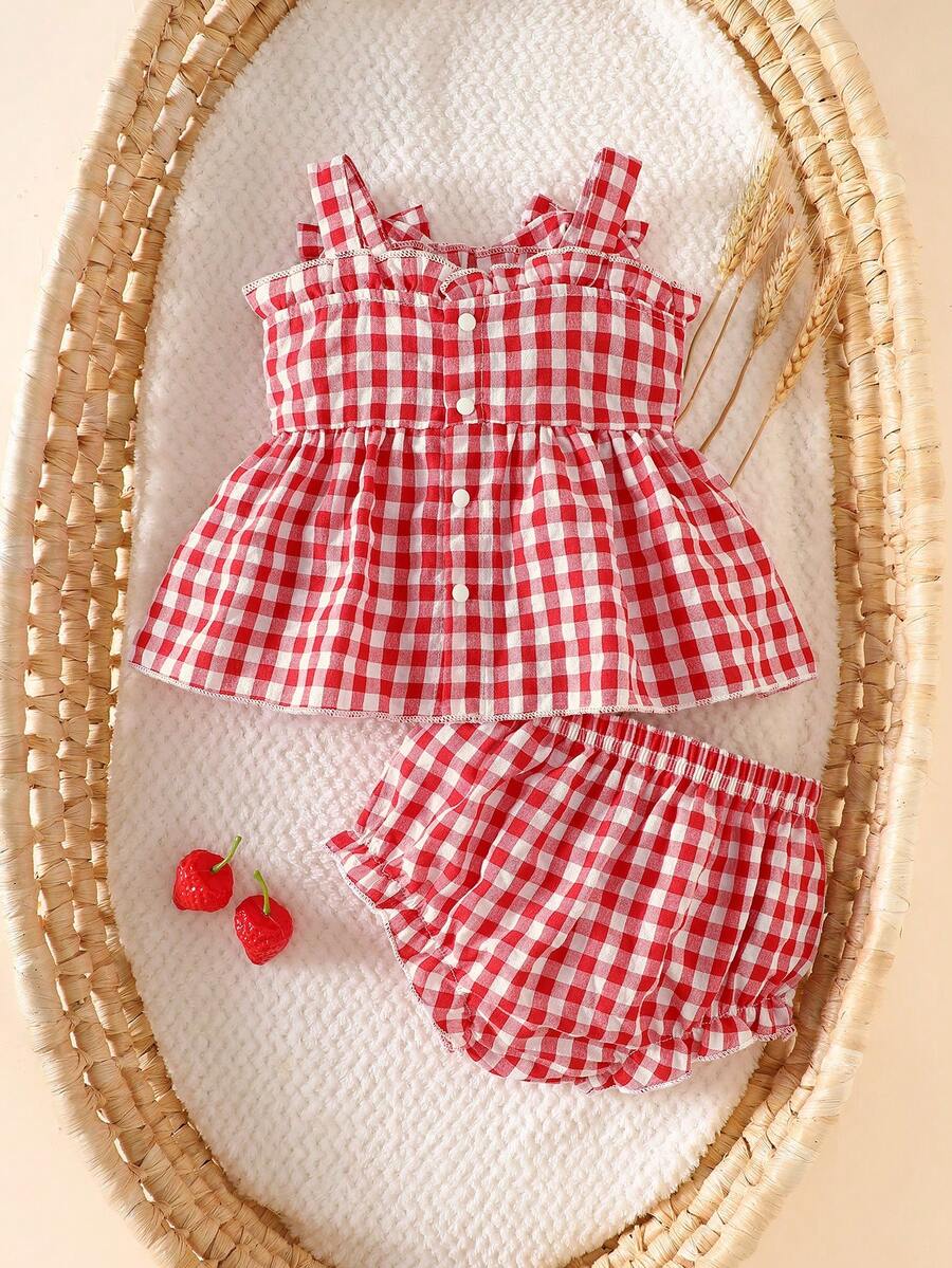 2PCS Baby Strawberry Embroidered Strap Top and Shorts Set for Cute Summer Vacations and Photoshoots