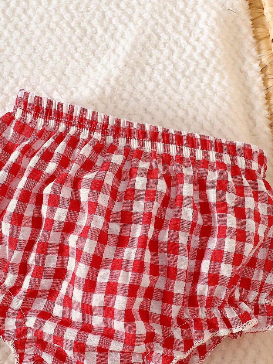 2PCS Baby Strawberry Embroidered Strap Top and Shorts Set for Cute Summer Vacations and Photoshoots