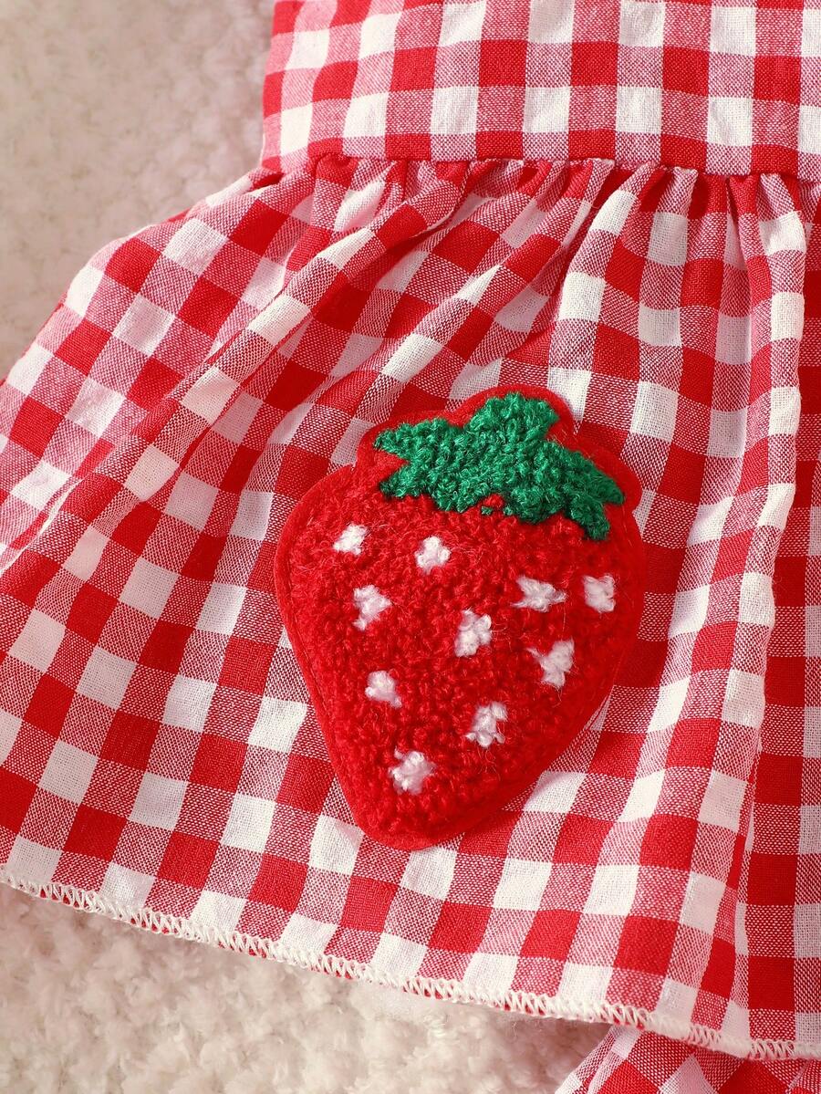 2PCS Baby Strawberry Embroidered Strap Top and Shorts Set for Cute Summer Vacations and Photoshoots