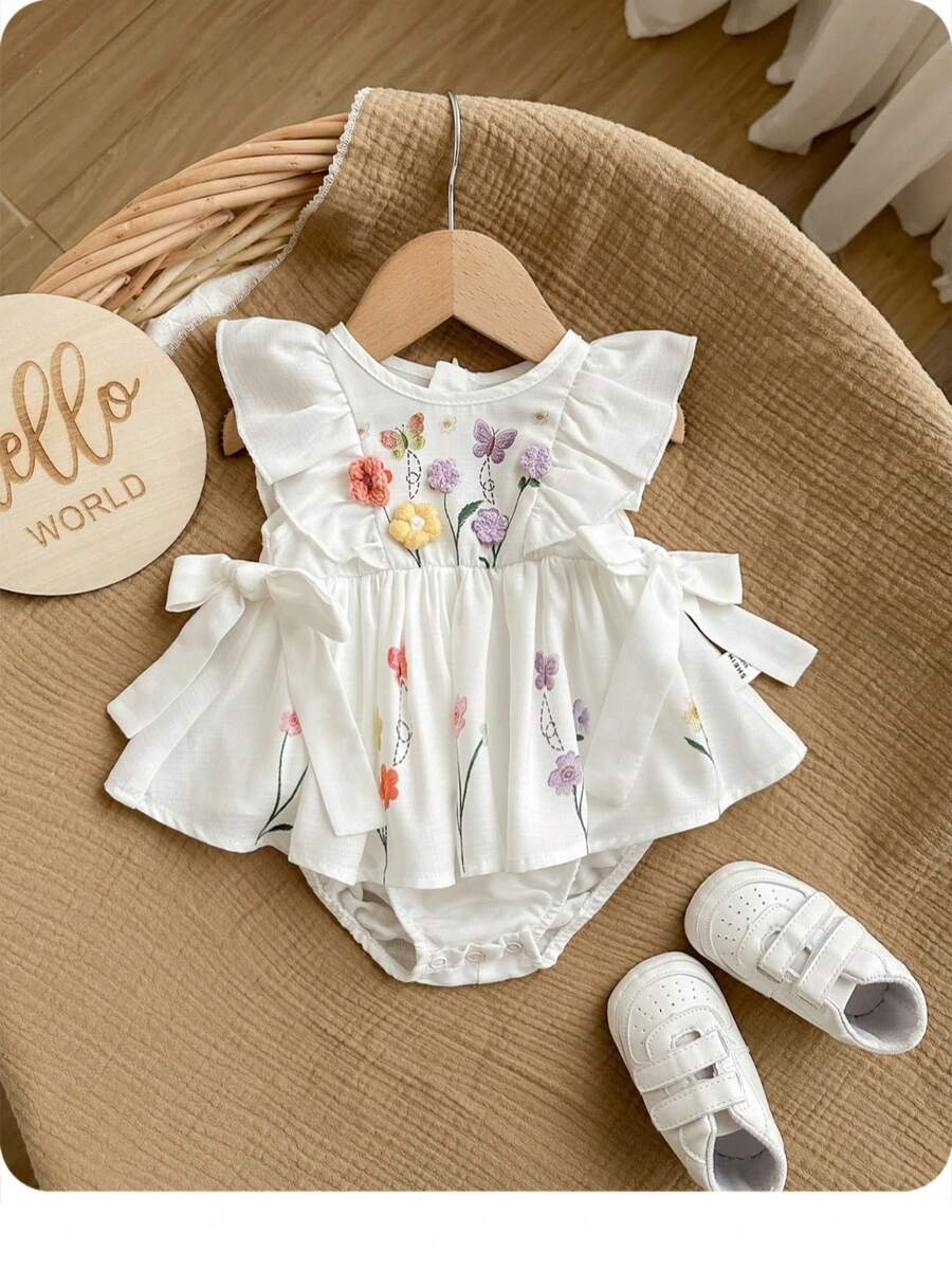 Baby Floral Print Ruffle Sleeveless Romper Dress for Spring Daily Wear