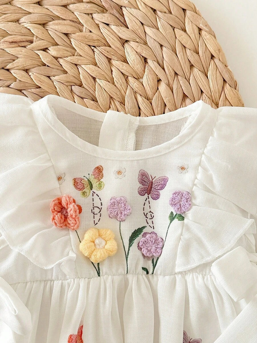 Embroidered Bow Decor Baby Girl Ruffle Sleeve Bodysuit for Everyday Wear