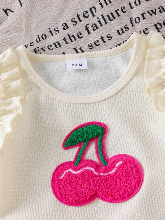 Baby Girl 2-Piece Summer Cherry Embroidered Top and Ruffle Shorts Outfit