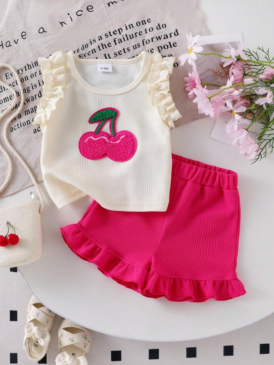 Baby Girl 2-Piece Summer Cherry Embroidered Top and Ruffle Shorts Outfit