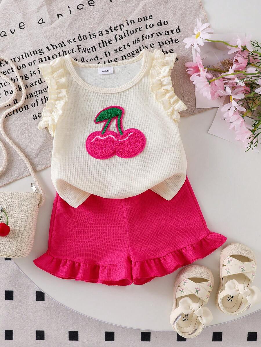 Baby Girl 2-Piece Summer Cherry Embroidered Top and Ruffle Shorts Outfit