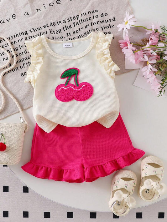 Baby Girl 2-Piece Summer Cherry Embroidered Top and Ruffle Shorts Outfit