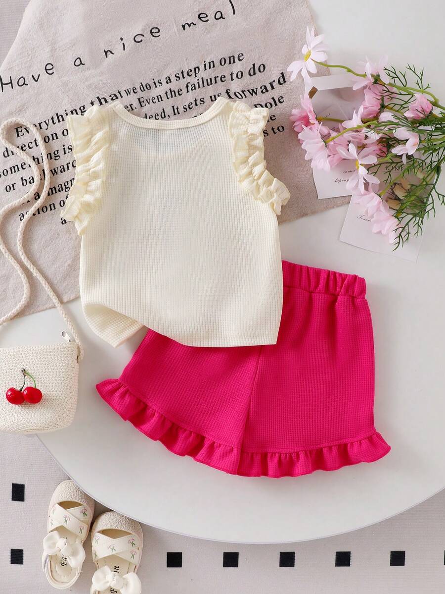 Baby Girl 2-Piece Summer Cherry Embroidered Top and Ruffle Shorts Outfit