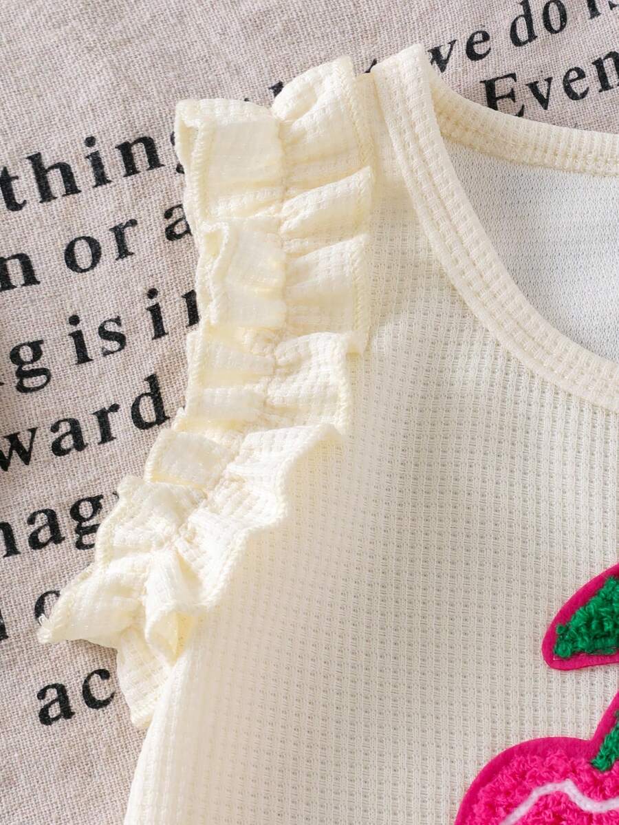 Baby Girl 2-Piece Summer Cherry Embroidered Top and Ruffle Shorts Outfit