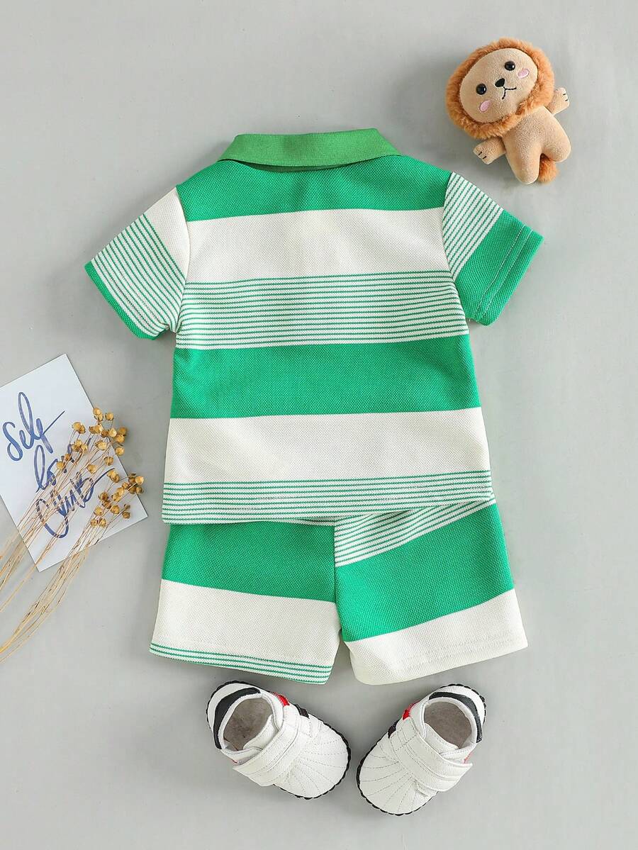 Infant Boys Casual Striped Short Sleeve Polo and Shorts Set with Bear Embroidery
