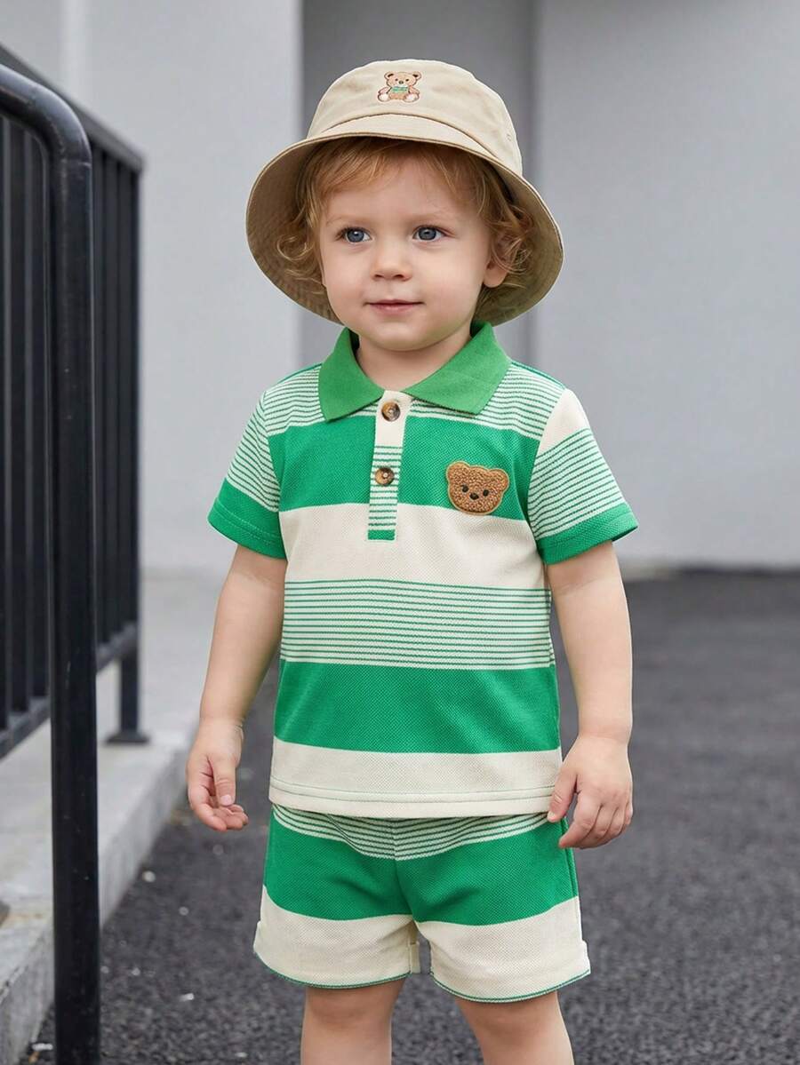 Infant Boys Casual Striped Short Sleeve Polo and Shorts Set with Bear Embroidery