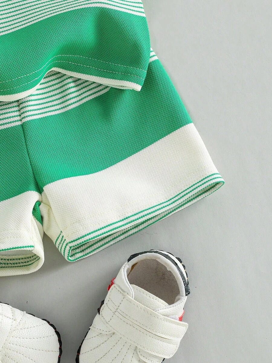 Infant Boys Casual Striped Short Sleeve Polo and Shorts Set with Bear Embroidery