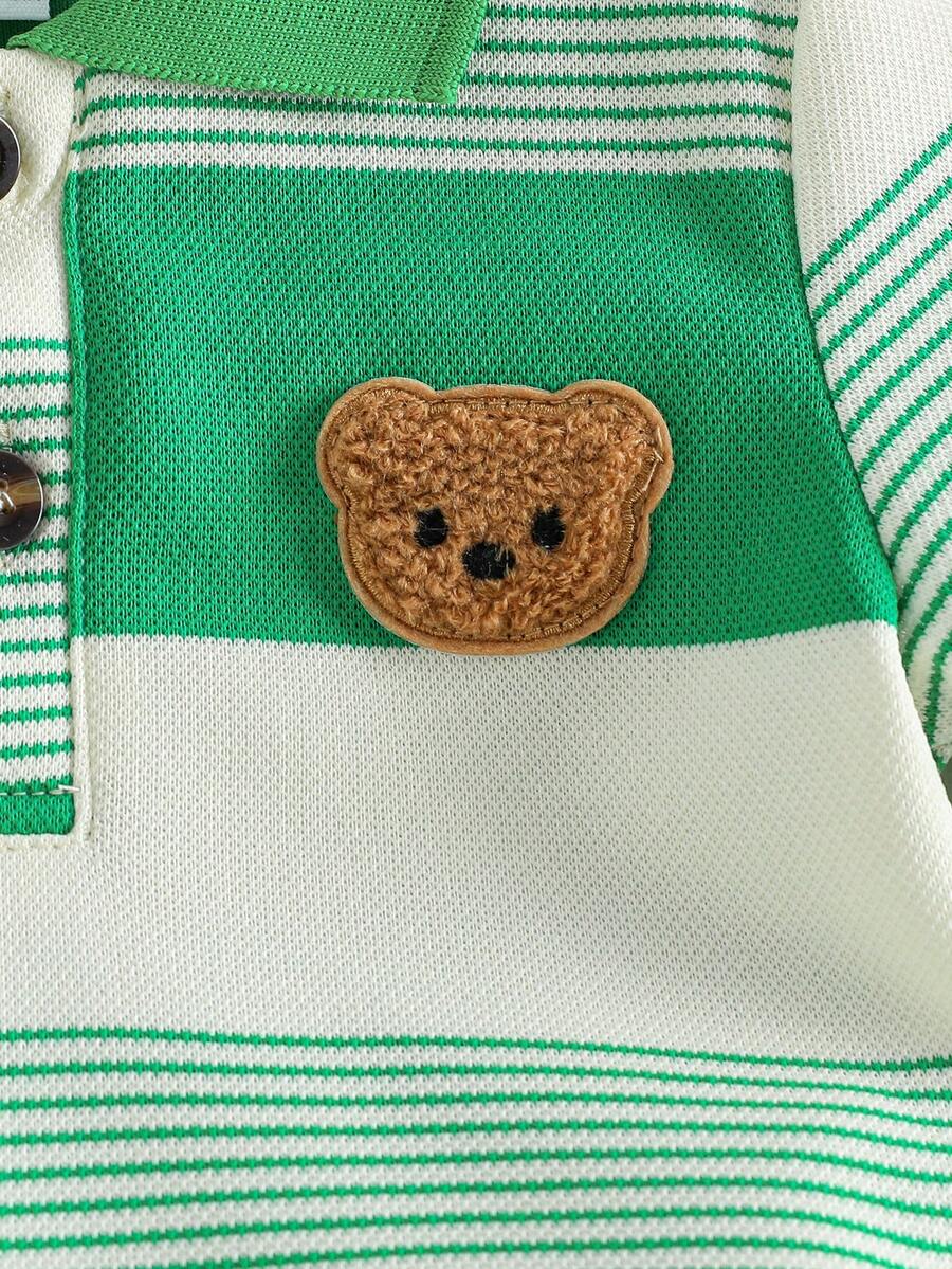Infant Boys Casual Striped Short Sleeve Polo and Shorts Set with Bear Embroidery