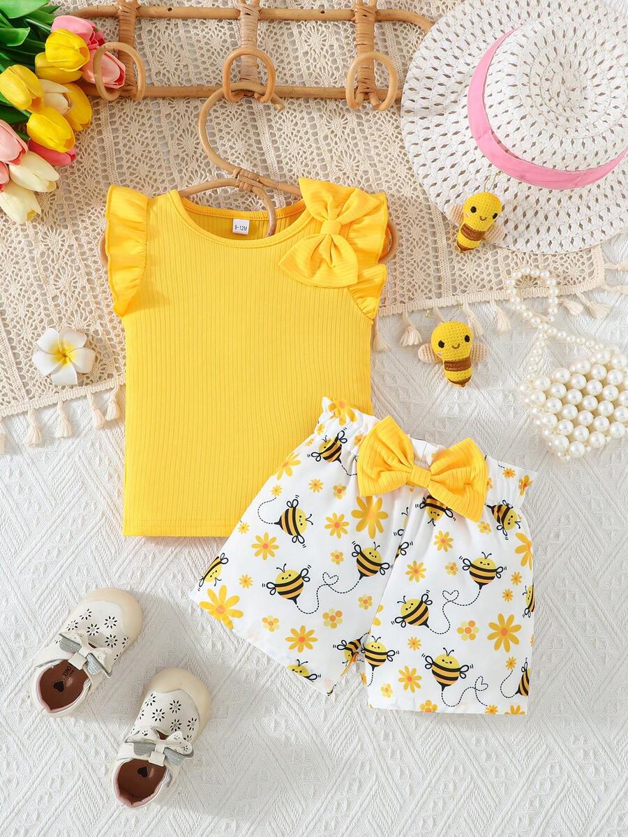 Infant Girls Cap Sleeve Bow Top with Butterfly Print Shorts Summer Set