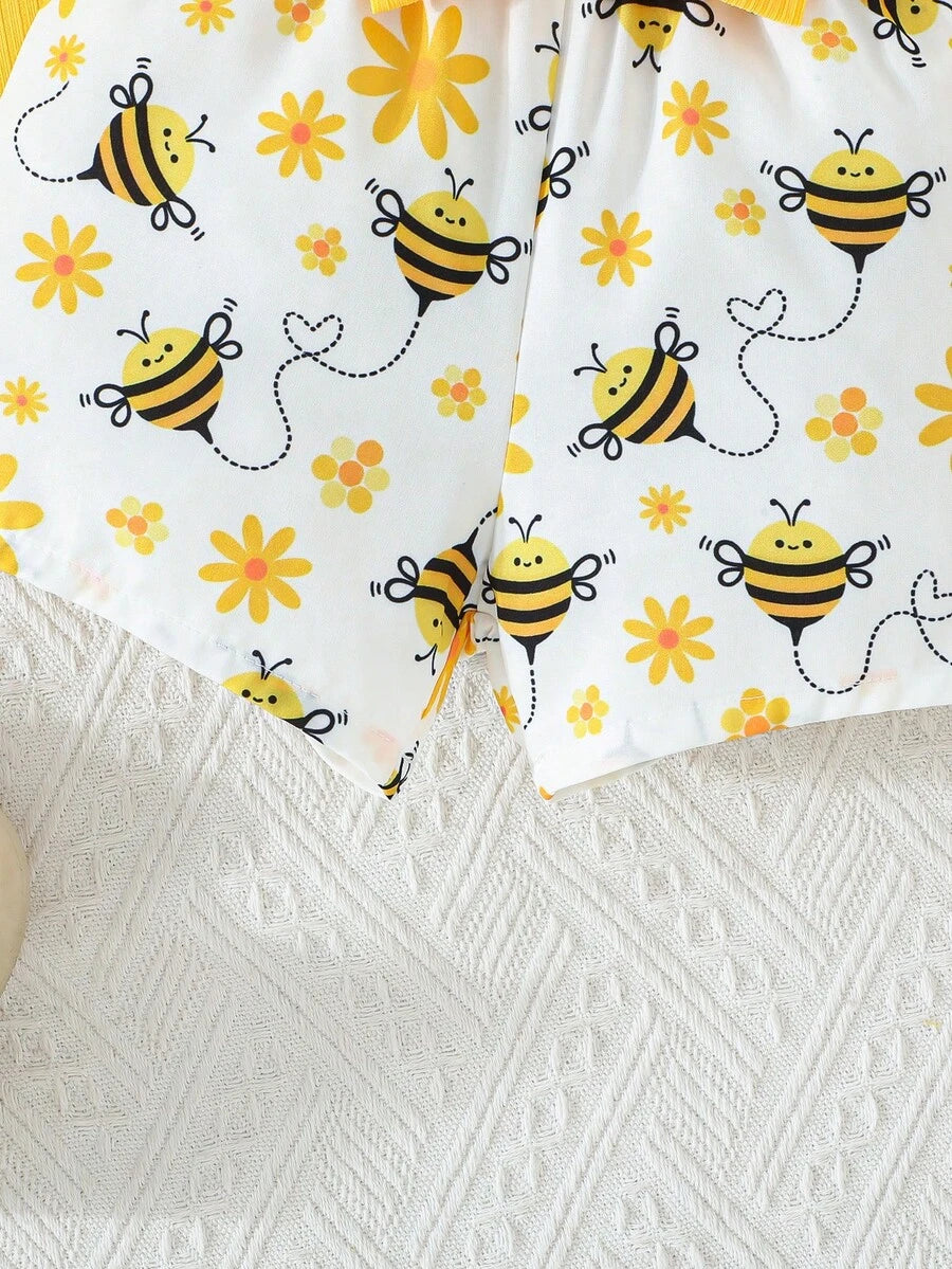 Infant Girls Cap Sleeve Bow Top with Butterfly Print Shorts Summer Set