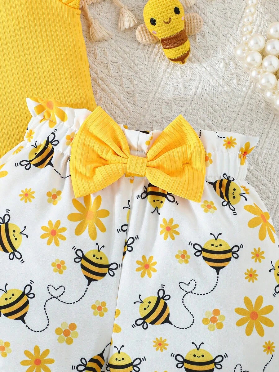 Infant Girls Cap Sleeve Bow Top with Butterfly Print Shorts Summer Set