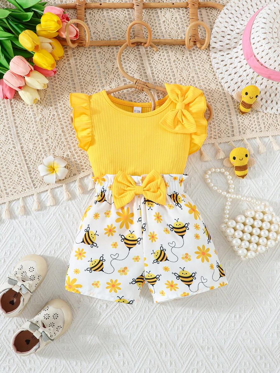 Infant Girls Cap Sleeve Bow Top with Butterfly Print Shorts Summer Set