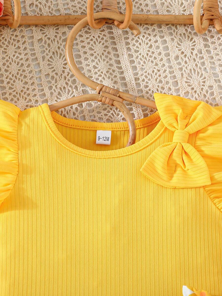 Infant Girls Cap Sleeve Bow Top with Butterfly Print Shorts Summer Set