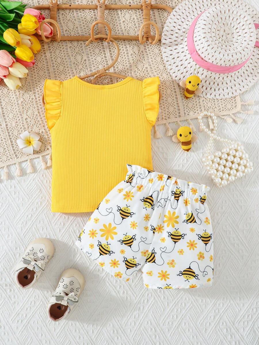 Infant Girls Cap Sleeve Bow Top with Butterfly Print Shorts Summer Set