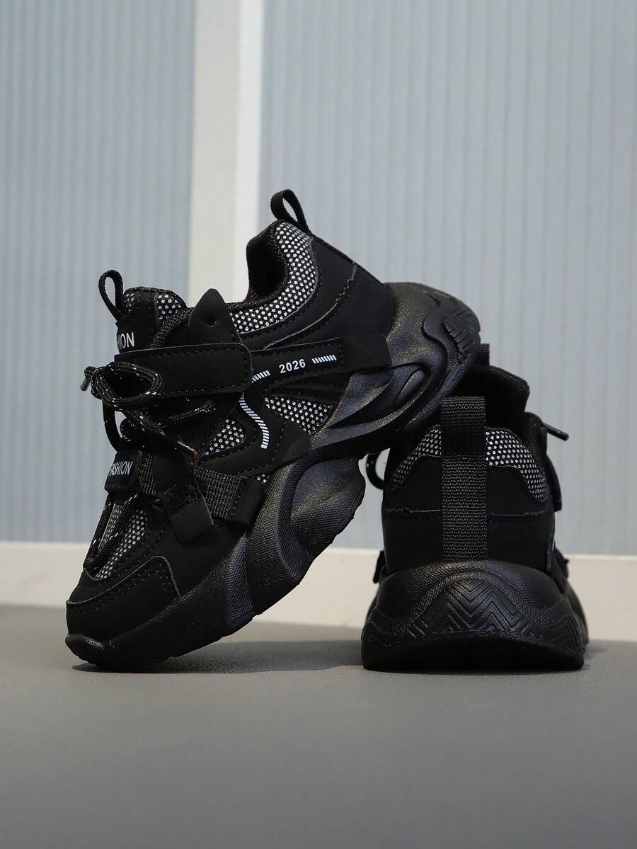 Kids Fashion Sneakers - Breathable Mesh & Faux Leather Shock Absorbing Running Shoes for Outdoor Activities All Seasons