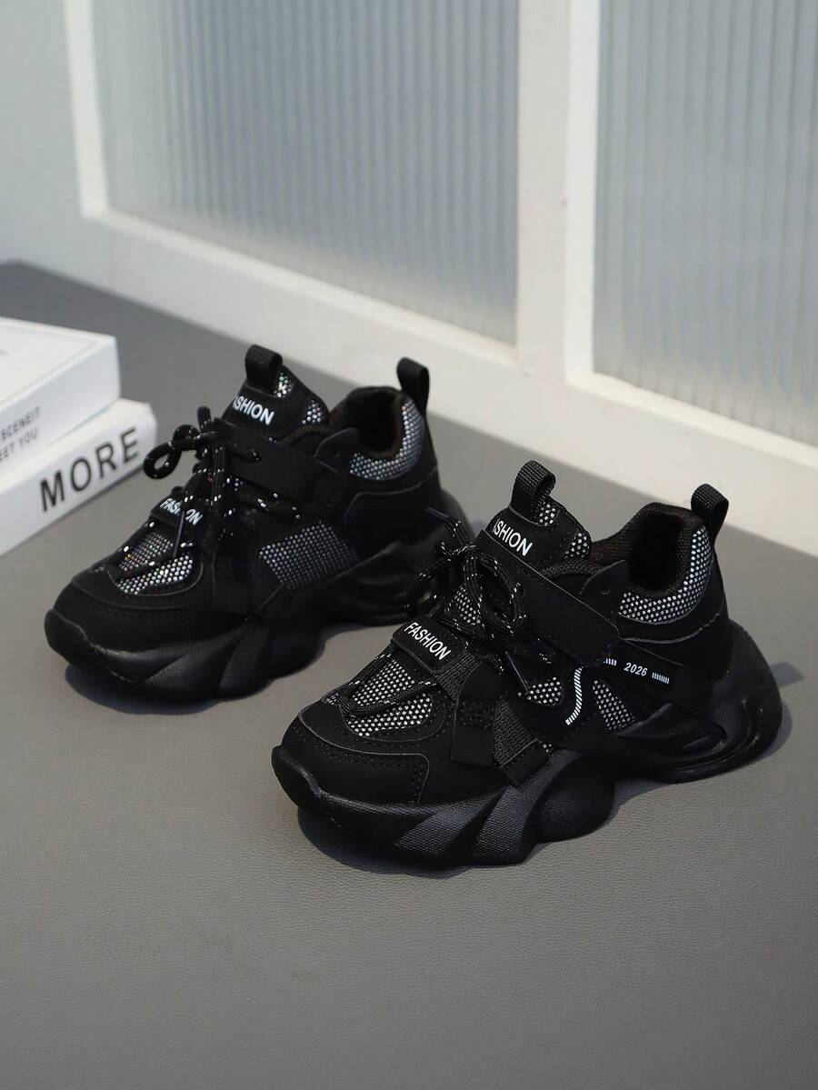 Kids Fashion Sneakers - Breathable Mesh & Faux Leather Shock Absorbing Running Shoes for Outdoor Activities All Seasons