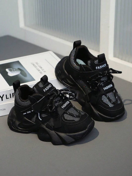 Kids Fashion Sneakers - Breathable Mesh & Faux Leather Shock Absorbing Running Shoes for Outdoor Activities All Seasons