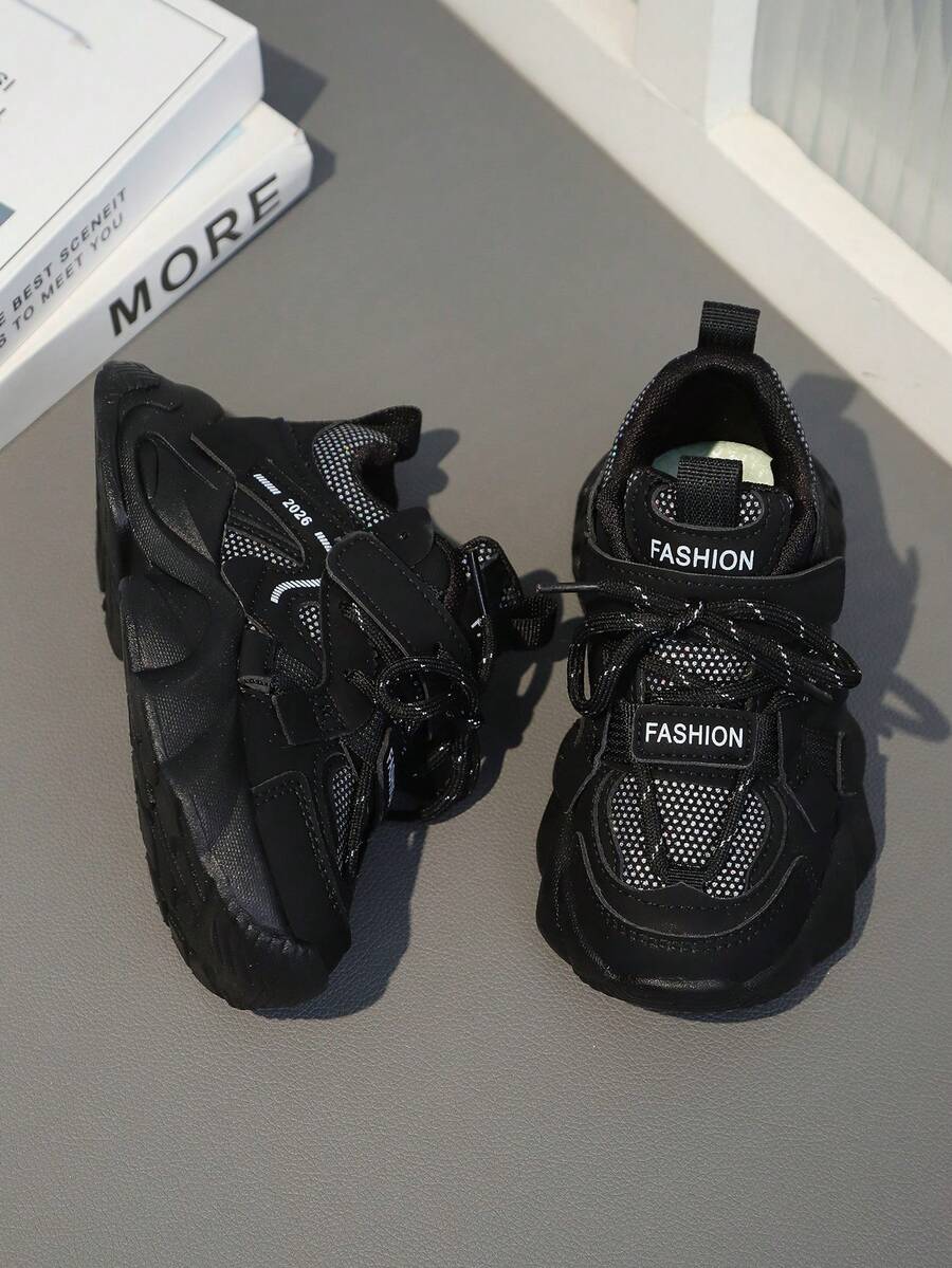 Kids Fashion Sneakers - Breathable Mesh & Faux Leather Shock Absorbing Running Shoes for Outdoor Activities All Seasons